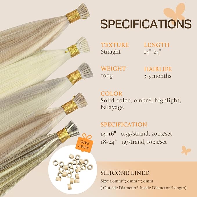 DOORES Itip Human Hair Extensions,16 Inch 100g 200s Itip Human Hair Extensions,Dark Blonde Highlighted Bleach Blonde I Tip Hair Extensions,Cold Fusion Itip Remy Hair Extensions