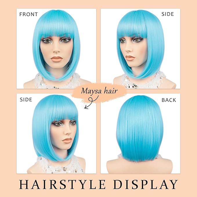 MAYSA Blue Wigs with Bangs Short Straight Bob Bangs Wig 12in Synthetic Cosplay Halloween Costume Wig for Women # Teal Blue