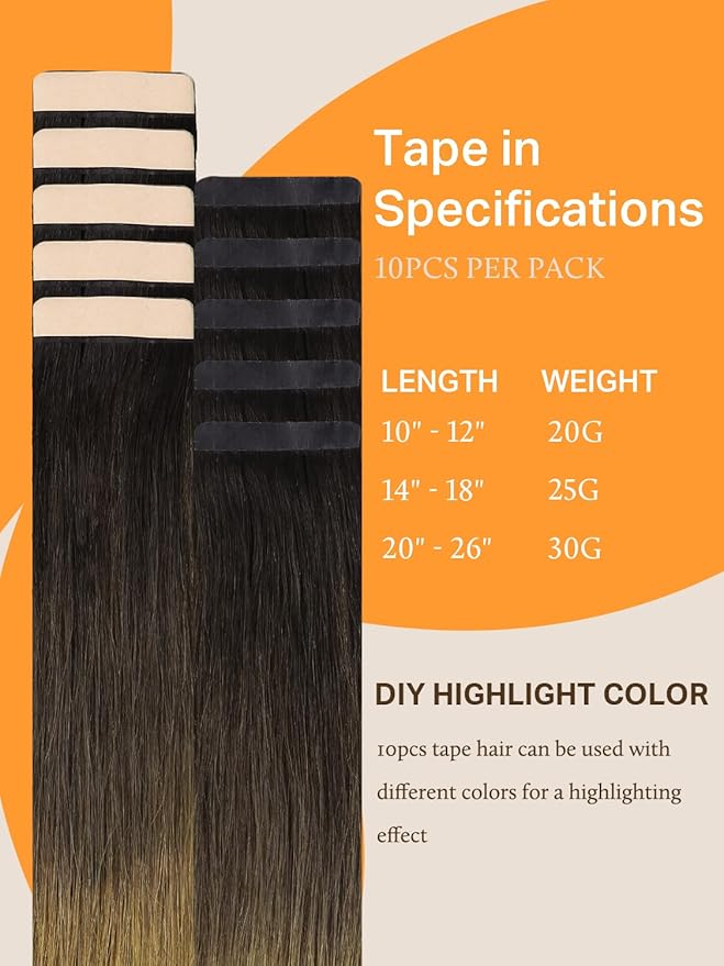DOORES Tape in Hair Extensions Human Hair, Chocolate Dip Color Melt 14 Inch 25g 10pcs, Human Hair Extensions Natural Hair Extensions Seamless Straight