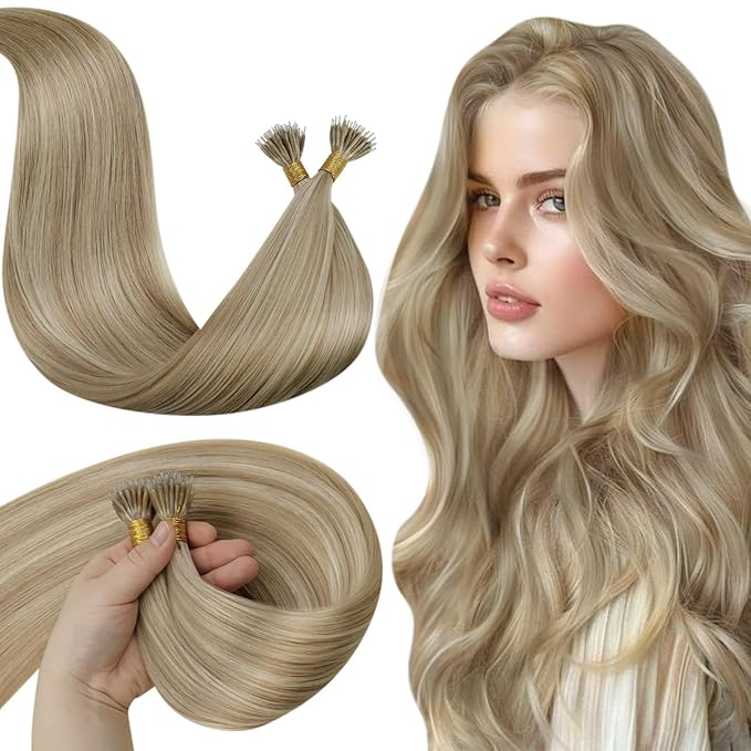 LaaVoo Nano Ring Hair Extensions Highlight Blonde Nano Hair Extensions Human Hair Soft Straight Blonde Nano Bead Hair Extensions Human Hair 16" 50g/50s