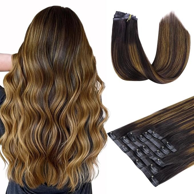 HOTBANANA Seamless Clip in Hair Extensions Balayage Dark Brown Mixed Golden Brown 18 inch 130g 7pcs Clip in Remy Human Hair Extensions Straight Hair Invisible PU Skin Weft