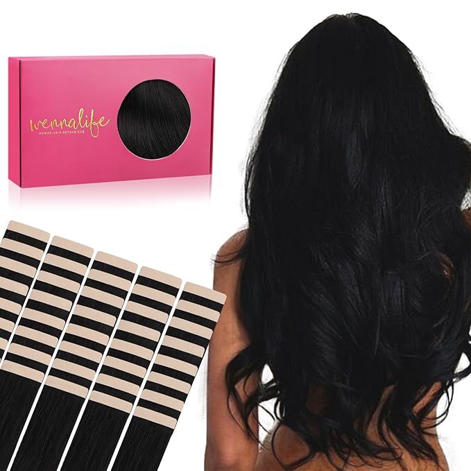 WENNALIFE Tape in Hair Extensions Human Hair, 40pcs 100g 24 inch Jet Black Hair Extensions Real Human Hair Straight Tape in Extensions Invisible Human Hair Extensions Reusable Real Hair Extensions