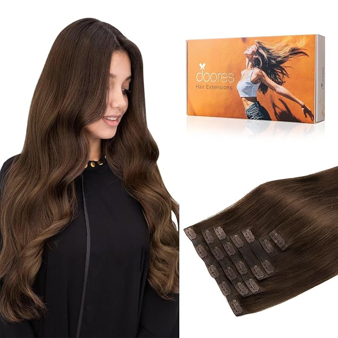 DOORES Clip in Hair Extensions Seamless, Chocolate Brown 18 Inch 110g 7pcs, Human Hair Extensions Seamless Clip ins Straight for Women Invisi Edge