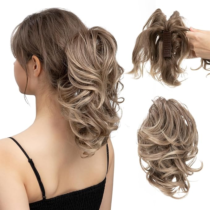 CJL HAIR Claw Clip Short Ponytail Hair Extensions DIY Bendable Metals Messy Bun Hair Piece for Wonen Wavy Curly Synthetic Fake Hairpieces Brown to Ash Blonde