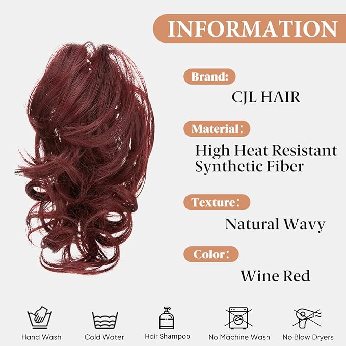 CJL HAIR Claw Clip Short Ponytail Hair Extensions DIY Bendable Metals Messy Bun Hair Piece for Wonen Wavy Curly Synthetic Fake Hairpieces Wine Red