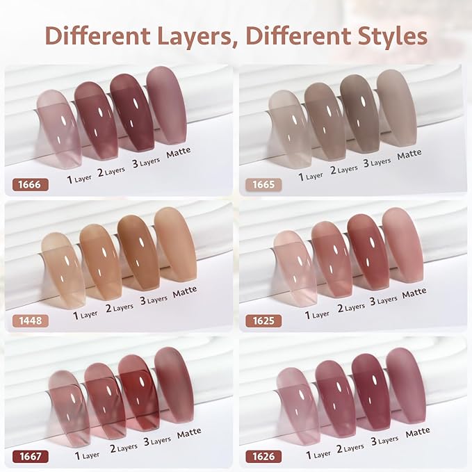 GAOY Jelly Pink Nude Gel Nail Polish Set, 6 Transparent Colors Sheer Red Brown Soak Off UV Light Cure Gel Polish Kit for Salon and Nail Art DIY at Home