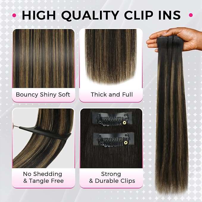 Lashey Invisi Edge Clip in Hair Extensions 14 Inch 110g 7pcs Injected Seamless PU Clip in Hair Extensions Virgin Human Hair, Natural Black Mixed Chestnut Brown Straight Hair