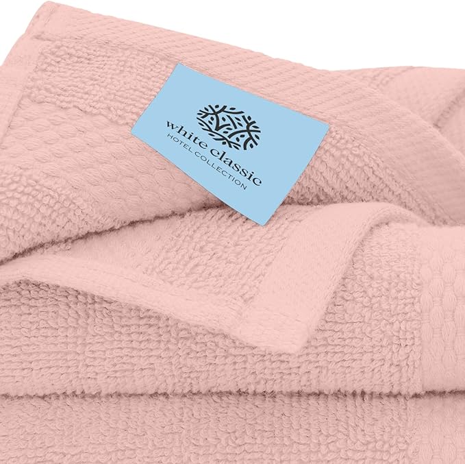 White Classic Luxury Cotton Washcloths 13x13 Inch - 650 GSM Turkish Cotton | Hotel, Spa, Bathroom Face Towel | 12 Pack, Pink