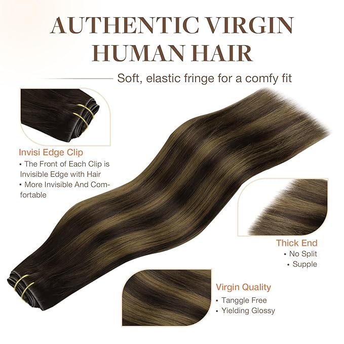 GOO GOO Invisi Edge Clip in Hair Extensions 24inch 150g 7Pcs Injected Seamless PU Clip in Hair Extensions, Virgin Real Human Hair, #2/6/2 Balayage Dark Brown to Chestnut Brown