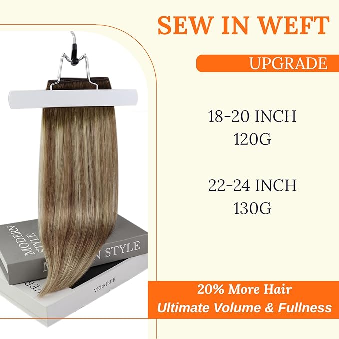 Full Shine Sew In Hair Extensions Color Dark Brown To Ash Brown Highlight Medium Blonde Thick Human Hair Extensions For Women Invisible Weft Human Hair For Women