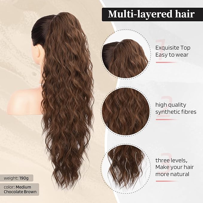 FLUFYMOOZ Ponytail Extension, 26 Inch Drawstring Ponytail Hair Extensions for Women，Long Curly Wavy Ponytail Natural Wavy Synthetic Hairpiece for Women Daily Use party (26 Inch Medium Chocolate Brown)