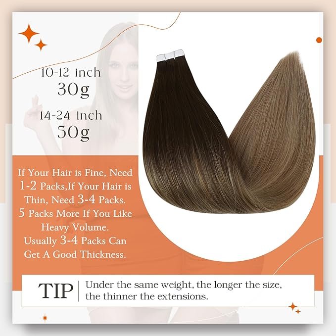 Full Shine Hair Extensions Tape in Balayage Dark Brown to Chestnut Brown Highlighted Ash Blonde Remy Tape in Human Hair Extensions Real Hair Seamless Skin Weft Tape Hair Extension 50g 20pcs 16Inch