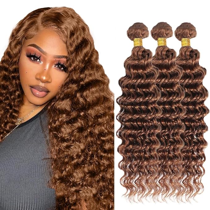 18 20 22 Inch Brown Bundles Human Hair #30 Dark Brown Deep Wave 3 Bundle Unprocessed Brazilian virgin hair Weave Extensions Double Weft 50 Grams/Bundle Colored Brown Bundles for Woman