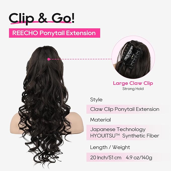 REECHO Ponytail Extension, 20” Claw Clip Ponytail Extension Curly Clip in Ponytail Long Pony Tails Hair Extensions for Women Fluffy Natural Looking Synthetic Hairpiece, Black Brown