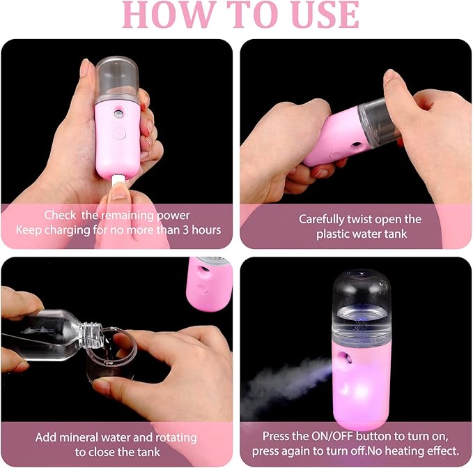 Honoson 2 Nano Facial Mister Sprayer Portable Face Nano Mister for Eyelash Extensions USB Rechargeable 1 oz Handy Skin Care Machine for Face Hydrating, Daily Makeup(Dark Pink and White)