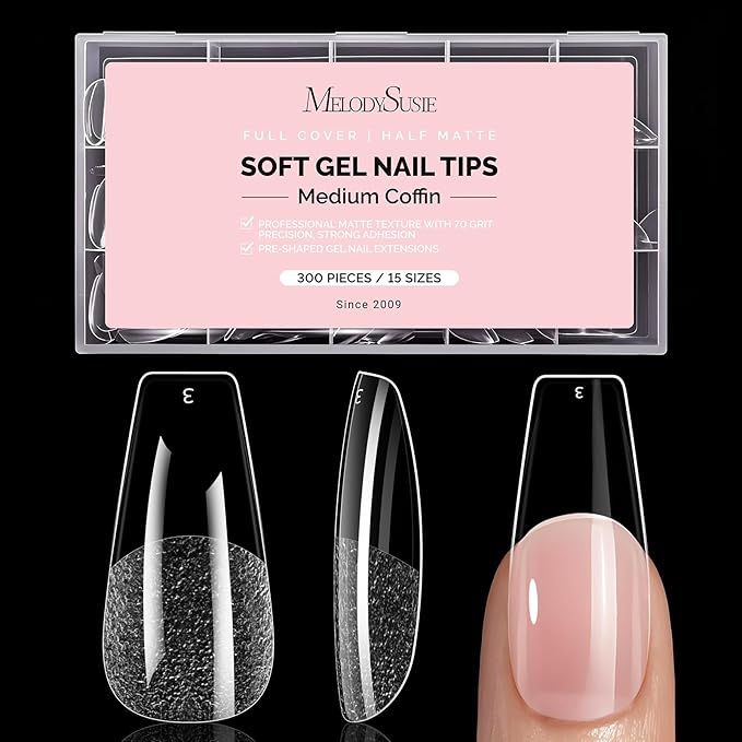 MelodySusie Medium Coffin X Nail Tips - 300Pcs 15Sizes Clear Acrylic, Half Matte Full Cover Press on Nails for DIY Extension & Salon Use, Pre-Shaped for Long-Lasting Manicure