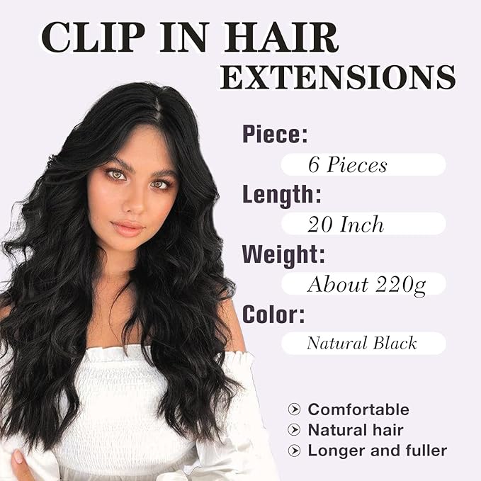 NAYOO Clip in Hair Extensions for Women 20 Inch Long Wavy Curly Natural Black Hairpieces Full Head Synthetic Hair Hairpieces(6PCS,Natural Black)