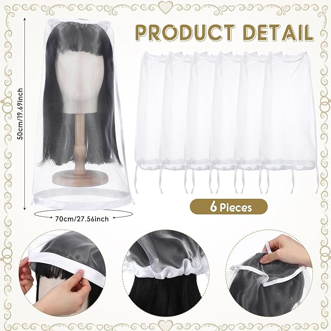 Loopeer 6 Pcs Wig Storage Bags Adjustable Wig Bag with Drawstring Portable Travel Organizer for keep from Dirt Dust(White)