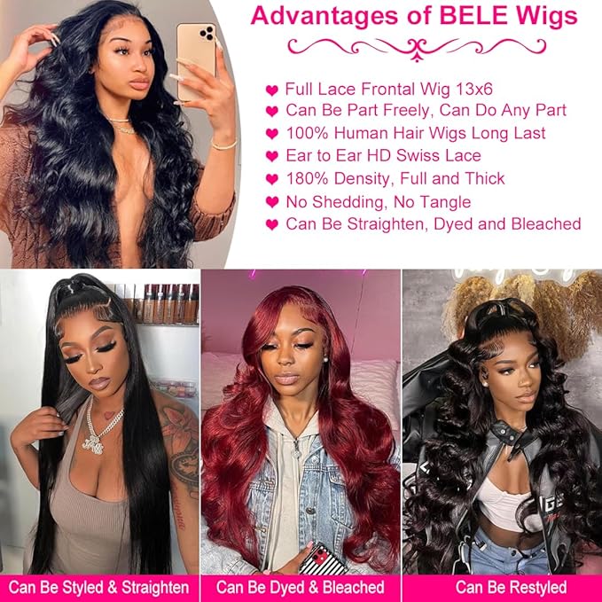 BELE 13x6 Full Lace Front Wigs Human Hair HD Transparent Body Wave Lace Front Wigs Human Hair Pre Plucked Bleached Tiny Knots Full Lace Frontal Wig Upgraded 14A 180 Density Natural Black 30 Inch