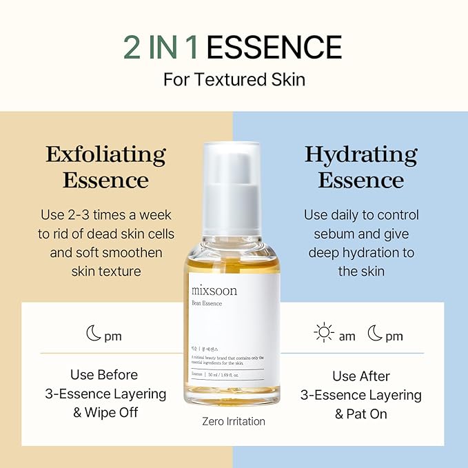 mixsoon Bean Essence-Exfoliating, Hydrating, Fermented Bean Extract, Gentle Formula for Smooth Skin 30ml / 1.01 fl.oz. Korean Glass Skin Care
