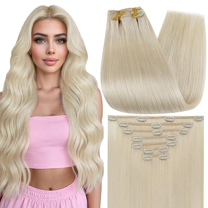 Full Shine Hair Extensions Clip in Human Hair Ice Blonde 12 Inch Clip in Hair Extensions Real Human Hair Short Invisible Blonde Extensions Full Head 7 Pcs 95 G