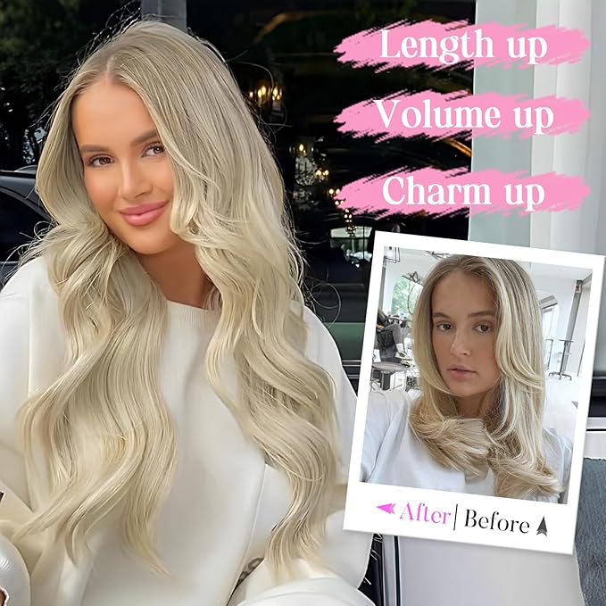 Invisible Wire Hair Extensions with Transparent Wire Adjustable Size 4 Secure Clips Long Wavy Secret Hairpiece 20 Inch for Women(Platinum Blonde)