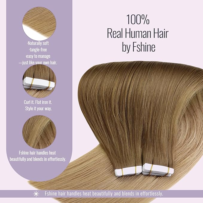 Fshine Remy Tape in Hair Extensions Human Hair Color 10 Golden Brown to 14 Dark Blonde Invisible Extension 16 Inch Straight Extensions 50 g 20 pcs,Perfect for Daily Wear