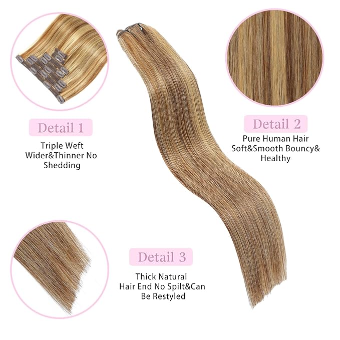 Clip in Hair Extensions Real Human Hair Chestnut Brown to Golden Blonde 14 inch 7pcs 70g/Pack, Human Hair Clip in Extensions, Salon-Grade Quality, Easy Comfort Wear for Women (#P6/22, 14 inch)