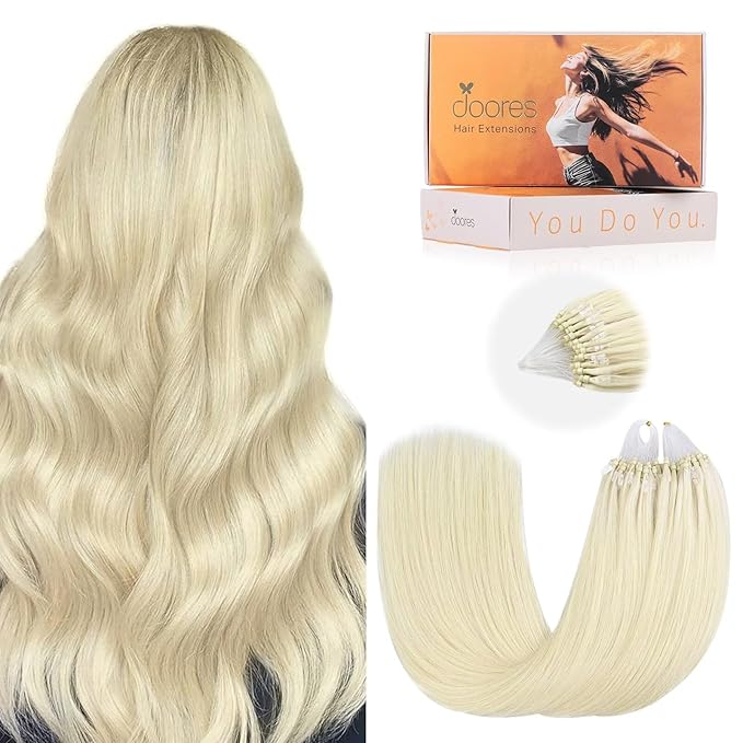 DOORES MicroBead Hair Extensions Remy Hair, Platinum Blonde 20 Inch 50g/50s, Micro Loop Hair Extensions Real Human Hair Natural looking
