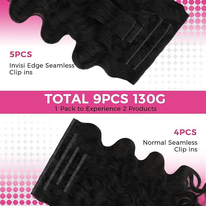 Lashey 5pcs Invisi Edge & 4pcs Seamless Clip in Hair Extensions Human Hair, 18 Inch 130g Real Human Hair Extensions Natural Black Body Wave Hair
