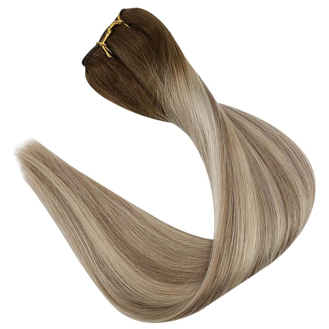 Full Shine Weft Hair Extensions Human Hair Sew In Real Hair For Women 18 Inch Human Hair Bundles Color Dark Brown To Ash Brown Highlight Medium Blonde Extensions 120G Weft Human Hair