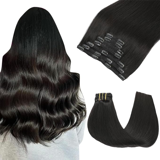 Clip in Hair Extensions 14 Inch Natural Black Real Human Hair 140g 7pcs Hair Extensions Clip ins Straight Real Hair for Women(#1B-14inch)