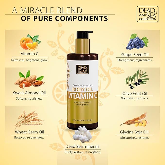 Dead Sea Collection Vitamin C Body Oil for Dry & Sensitive Skin – Moisturizing & Hydrating Skin Oil with Vitamin E & Blend of Almond, Grape, Olive, Wheat Germ Oil – Gentle Nourishing Skincare 6.76 oz