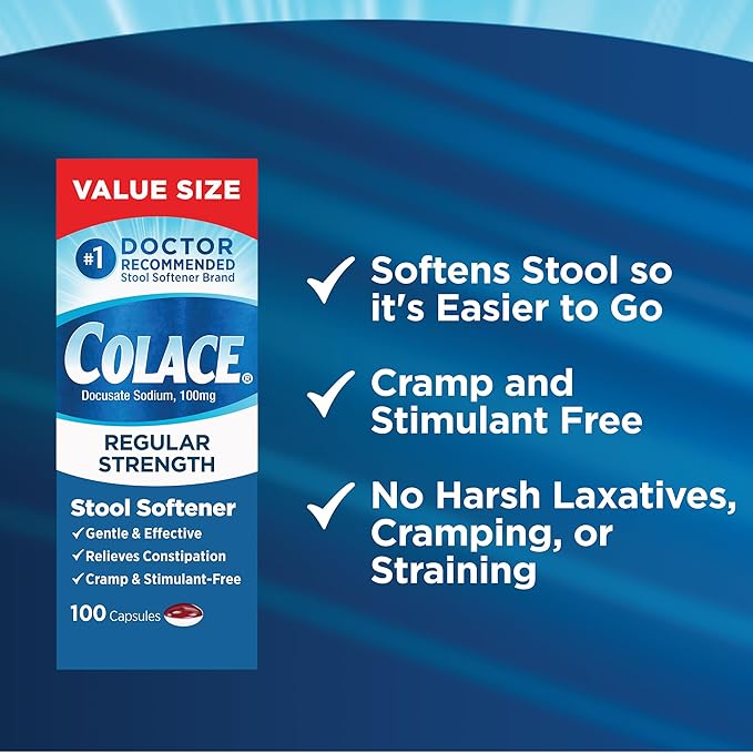 Colace Stool Softener 100 mg, 100 Capsules, Constipation Relief, Docusate Sodium, Gentle Docusate, Stimulant-Free, Regular Strength, #1 Doctor Recommended Stool Softener Brand