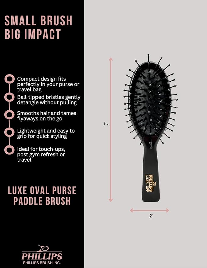 Phillips Brush Luxe Oval Paddle Purse Sized Hair Brush, Sleek Black Color with Gold Accents – 7 inch Detangler Paddle Brush from the Luxe Series by Phillips Brush