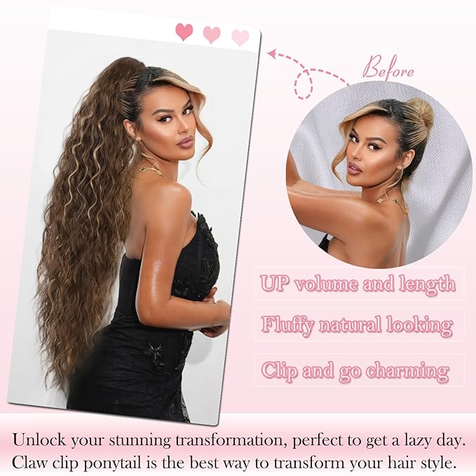 ENBEAUTIFUL 30" Claw Clip Ponytail Extension Long Wavy Ponytail Extension Synthetic Pony Tails Hair Extensions Clip in Hair pieces Fluffy Natural Looking for Women Light brown with Blonde