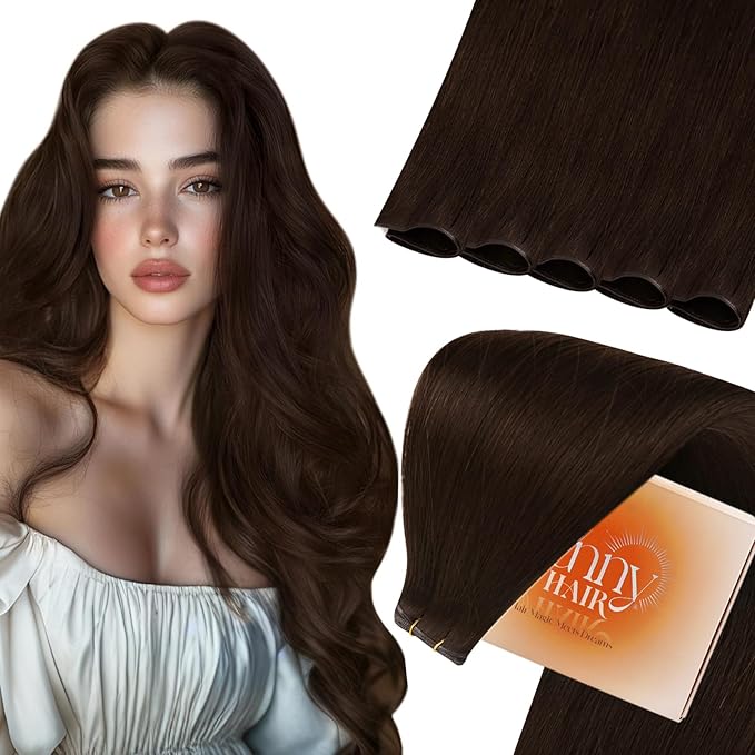 Sunny Hair Genius Weft Human Hair Extensions Brown Human Hair Extensions Sew In Chocolate Brown Hand Tied Genius Weft Human Hair Sew in Extensions for Women Real Hair Natural Looking 16inch