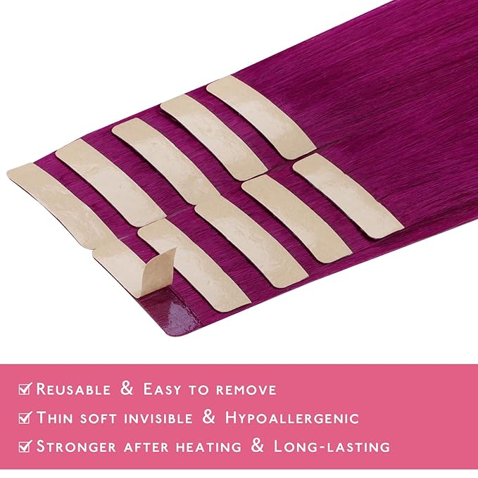 Wennalife Tape in Hair Extensions Human Hair Violet Tape in Extensions, 10pcs 30g 22 inch Remy Invisible Tape Ins Straight Colored Soft Real Human Hair Tape in Extensions Refill Set Extensions