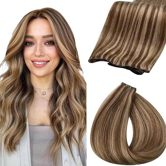 Fshine Real Human Hair Genius Weft Hair Extensions Medium Brown and Caramel Blonde Highlights Sew in Real Human Hair Extensions Highlight Hair Genius Weft Remy Human Hair 18 Inch 50g
