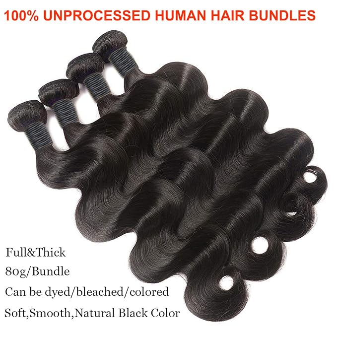 12A Human Hair Bundles 16 16 18 18 Inch Body Wave Bundles Human Hair Unprocessed Brazilian Quick Weave Hair 4 Bundles for Women Natural Color