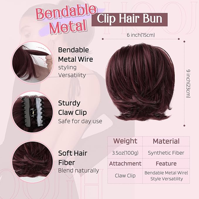 HOOJIH Messy Bun Hair Piece, Claw Clip in Straight Hair Bun 9 Inch Short Ponytail Extension with Bendable Metal Wire Hair Pieces for Women Fake Hair Bun DIY Styles - Wine Red