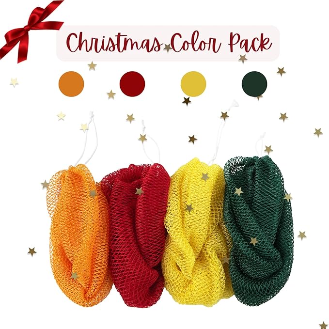Authentic African Net Sponge with Knots - Afro Scrubber Bath Loofah Exfoliating Net Sponge for Shower - 4 Pack African Bath Sponges Exfoliator for Most Skin Types Back Scrub Washer Accessories