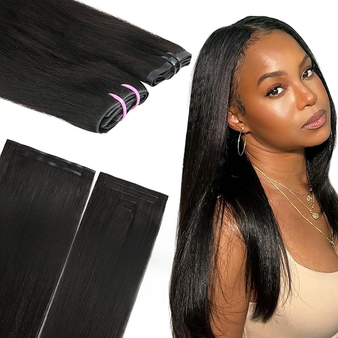 Lashey Invisi Edge & Seamless Clip in Hair Extensions Human Hair, 18 Inch 110g 7pcs(5pcs Invisi Edge& 2pcs Seamless) Real Virgin Human Hair Extensions, Natural Black Yaki Straight Hair