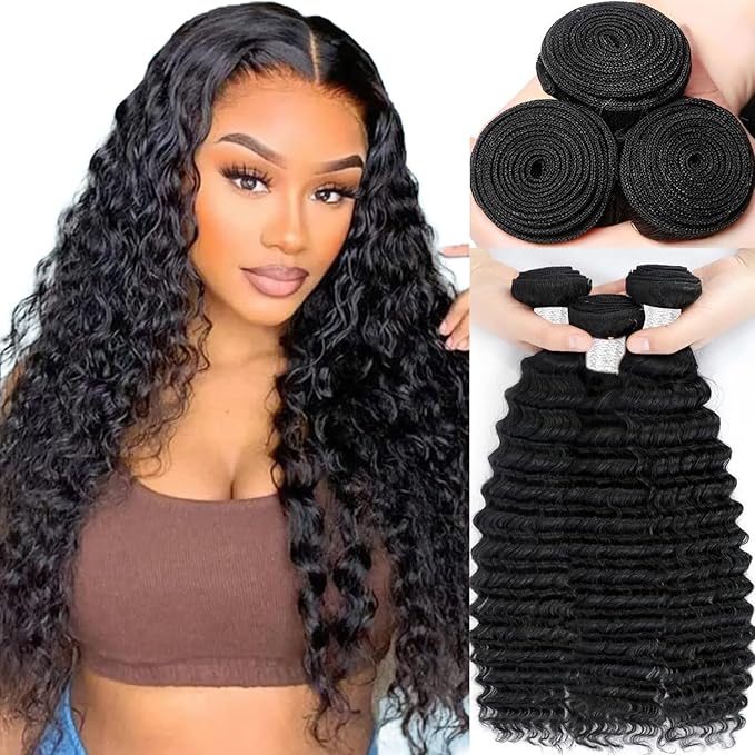 VIOLET 12A Deep Wave Human Hair Bundles 14 16 18 Inch Bundles Human Hair 100% Unprocessed Brazilian Virgin Hair Deep Wave 3 Bundles Human Hair Extensions for Women Natural Color