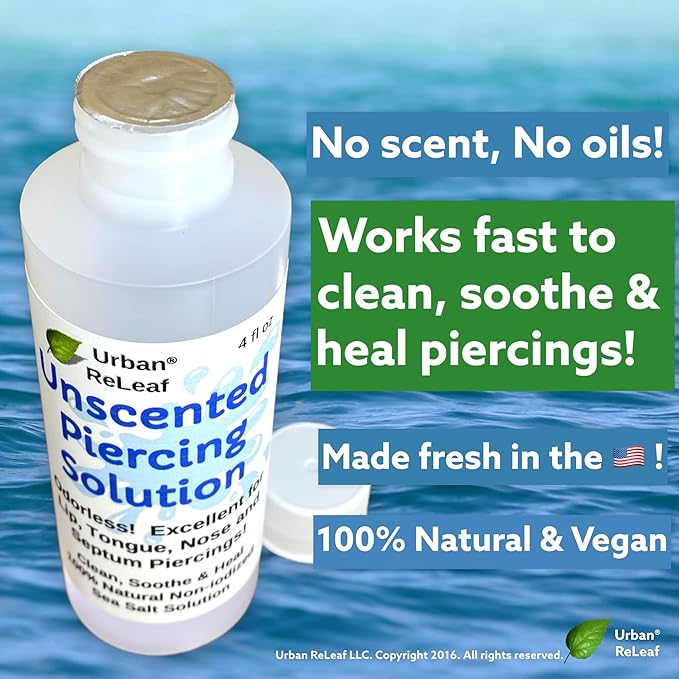 Urban ReLeaf Unscented Piercing Solution ! Non-Iodized Sea Salt Healing Soak. Lip, Tongue, Septum, Dimple, Mouth. NO Scent. Ready to use. Made Fresh in USA. Soothe & Calm.