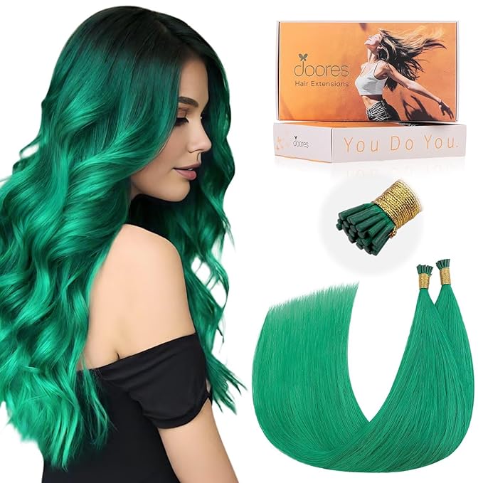 Doores Itips Hair Extensions Human Hair, Green 16 Inch 25g, Hair Extensions, Green Color Extensions For Changing Look