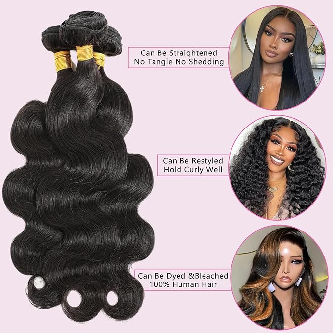 Human Hair Bundles 22 24 26 Inch Body Wave Bundles Human Hair 100% Unprocessed Brazilian Virgin Body Wave Human Hair Extensions Real Human Hair Double Weft Extension for Women Natural Black