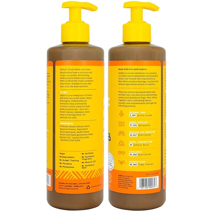 Alaffia Skin Care, Authentic African Black Soap, All in One Body Wash, Face Wash, Shampoo & Shaving Soap with Fair Trade Shea Butter, Unscented, (2 Pack - 16 Fl Oz Ea)