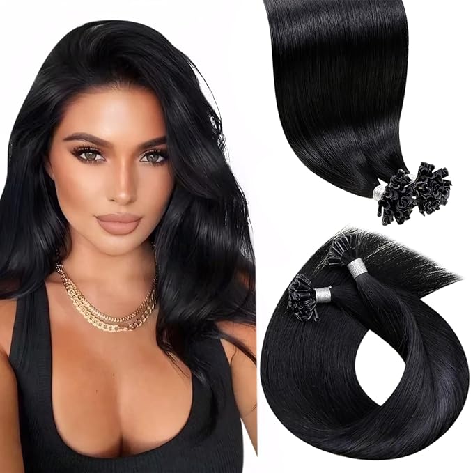 LaaVoo U Tip Hair Extensions Human Hair Black 22 Inch K Tip Hair Extension Real Human Hair Jet Black Utip Hair Extensions Black 50g 50S