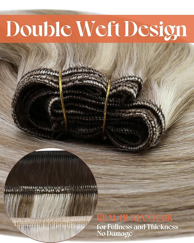 Sunny Hair Sew in Hair Extensions Highlights Blonde Weft Hair Extensions Human Hair Light Brown Mix Platinum Blonde Sew in Extensions Real Human Hair Short Straight Hair 70g 14inch